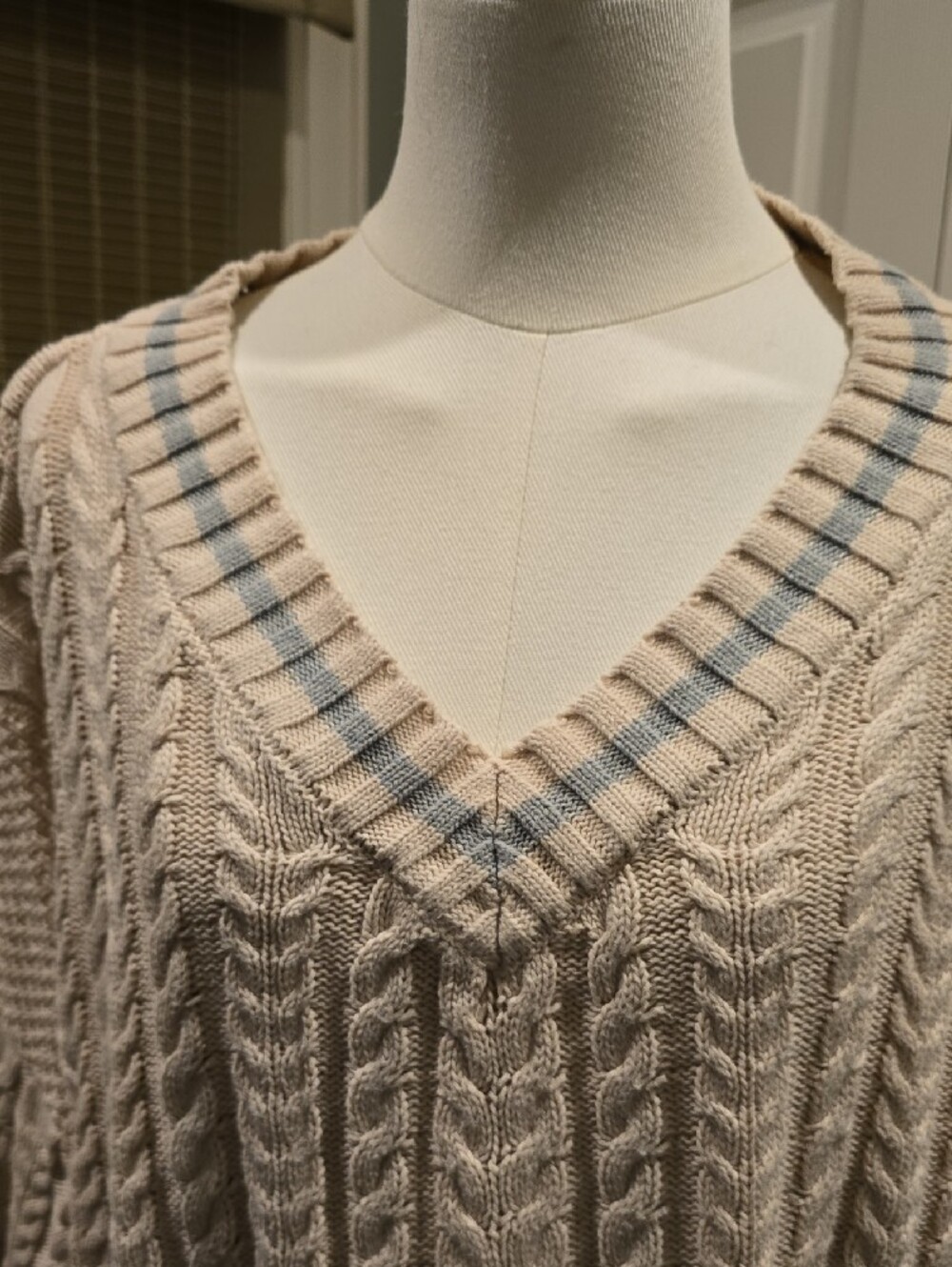 By Together Cream Cable-Knit Crew Sweater with Soft Blue Stripe